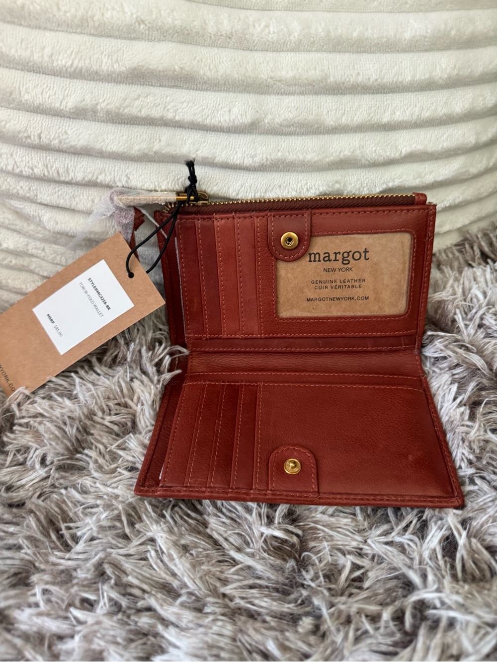 NWT Margot New York Tori Bi-Fold Leather Zip Card Wallet - Rust Brown - Picture 2 of 5